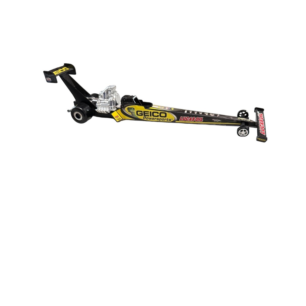 NHRA GEICO Powersports Lucas Oil Top Fuel Dragster Toy Racing Car Black Yellow